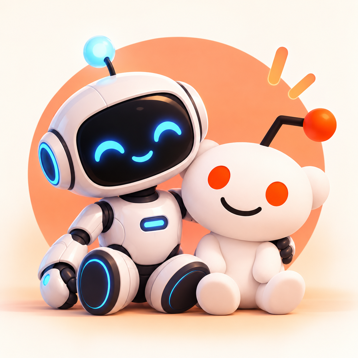 Reddish robot and mascot sitting together